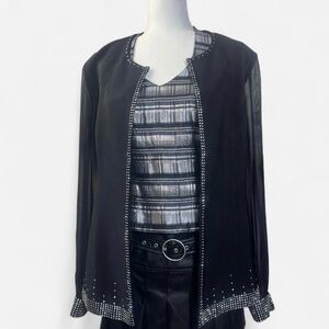 Vintage Black 80s Blazer Shell with Sheer Sleeves and Rhinestone Embellishments💎